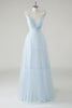 Load image into Gallery viewer, Sky Blue A-Line Ruffles Straps V-Neck Tulle Long Bridesmaid Dress