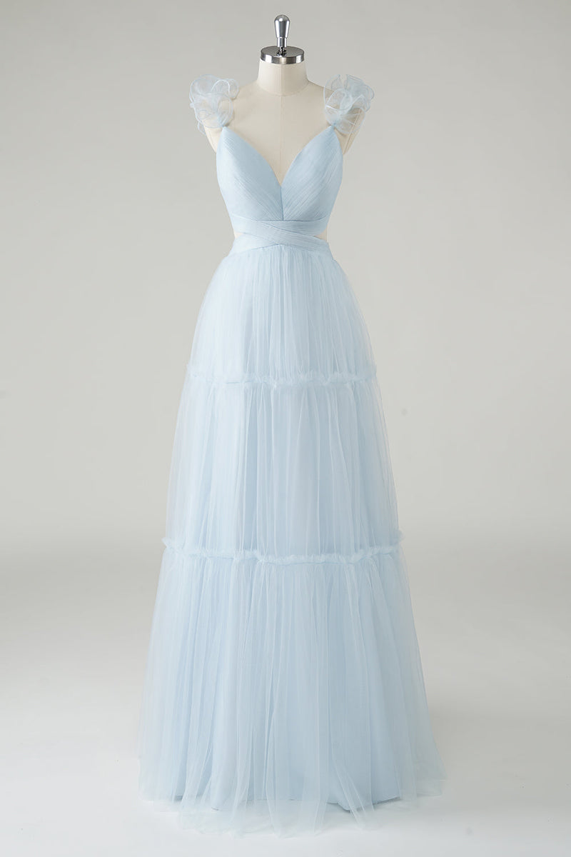 Load image into Gallery viewer, Sky Blue A-Line Ruffles Straps V-Neck Tulle Long Bridesmaid Dress