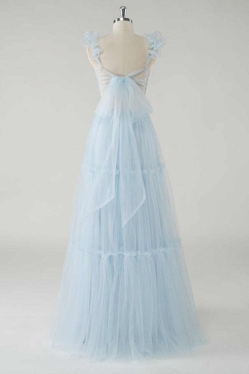 Load image into Gallery viewer, Sky Blue A-Line Ruffles Straps V-Neck Tulle Long Bridesmaid Dress