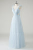 Load image into Gallery viewer, Sky Blue A-Line Ruffles Straps V-Neck Tulle Long Bridesmaid Dress