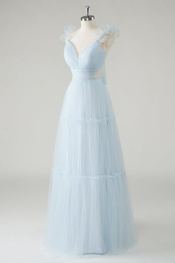 Sky Blue A-Line Ruffles Straps V-Neck Tulle Long Bridesmaid Dress