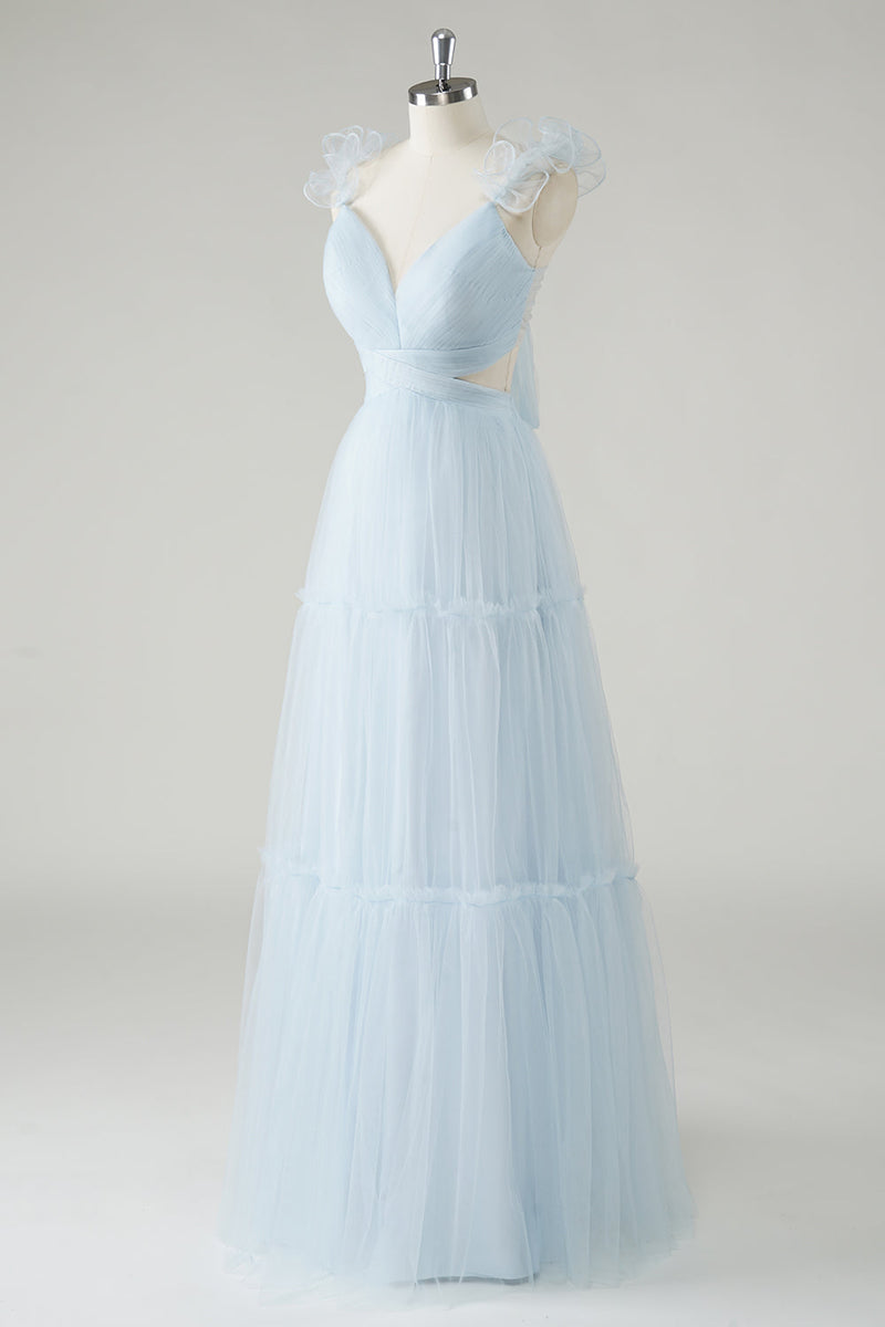 Load image into Gallery viewer, Sky Blue A-Line Ruffles Straps V-Neck Tulle Long Bridesmaid Dress