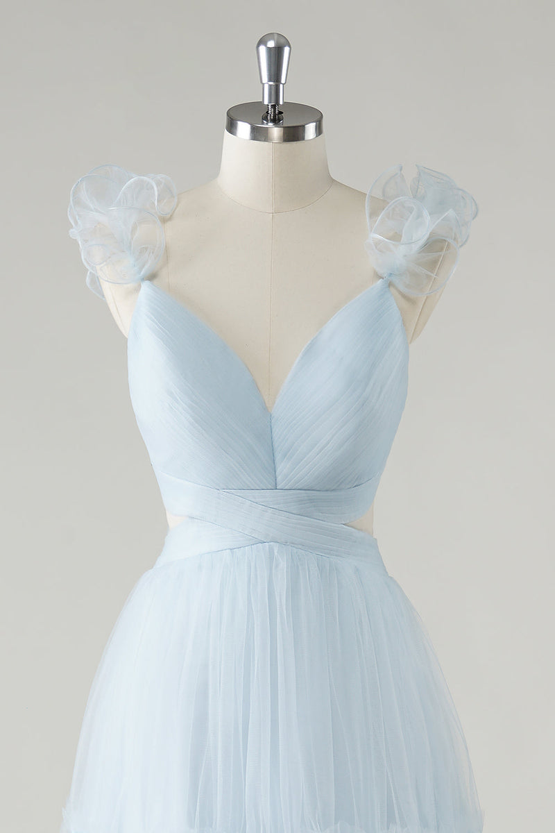 Load image into Gallery viewer, Sky Blue A-Line Ruffles Straps V-Neck Tulle Long Bridesmaid Dress