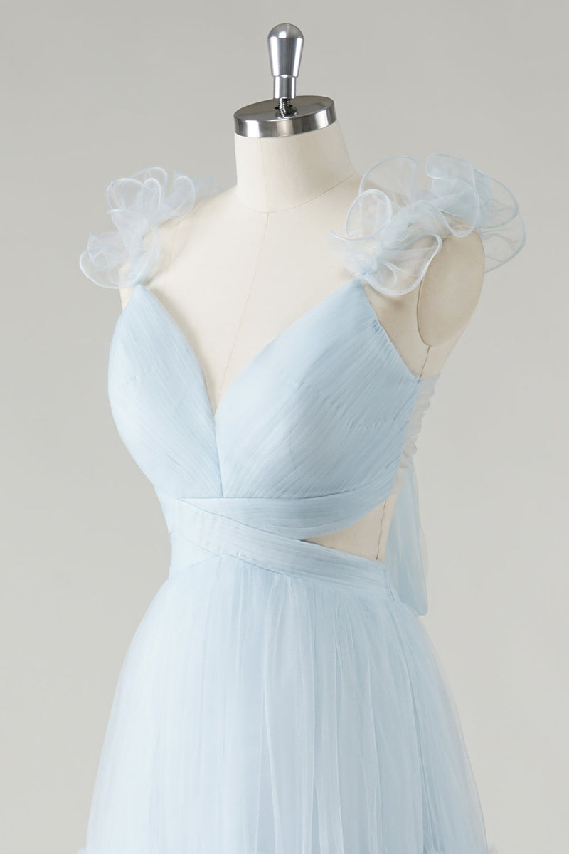 Load image into Gallery viewer, Sky Blue A-Line Ruffles Straps V-Neck Tulle Long Bridesmaid Dress