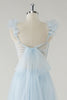 Load image into Gallery viewer, Sky Blue A-Line Ruffles Straps V-Neck Tulle Long Bridesmaid Dress