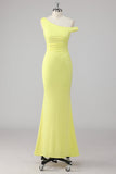Simple Mermaid Lemon One Shoulder Long Formal Dress
