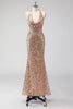 Load image into Gallery viewer, Glitter Champagne Mermaid Halter Open Back Long Prom Dress with Sequins