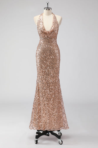 Glitter Champagne Mermaid Halter Open Back Long Prom Dress with Sequins