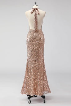 Glitter Champagne Mermaid Halter Open Back Long Prom Dress with Sequins