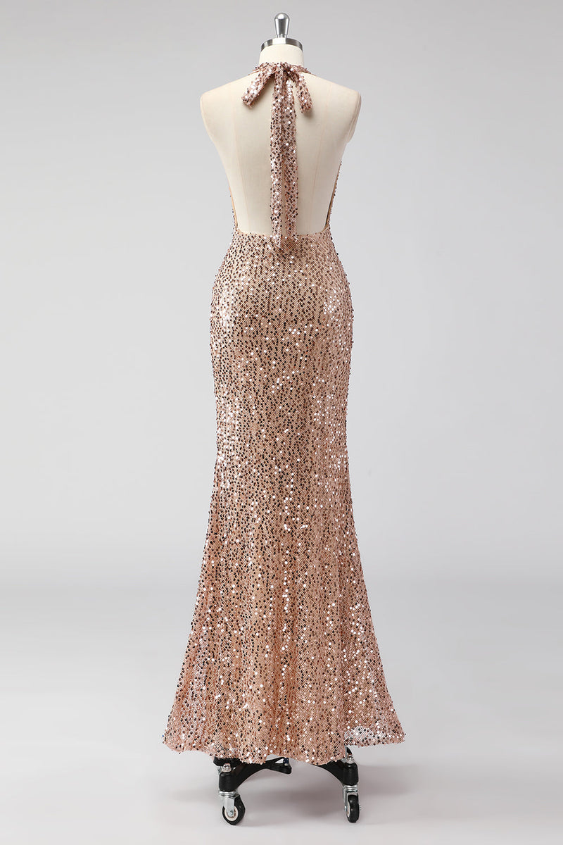 Load image into Gallery viewer, Glitter Champagne Mermaid Halter Open Back Long Prom Dress with Sequins