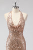 Load image into Gallery viewer, Glitter Champagne Mermaid Halter Open Back Long Prom Dress with Sequins