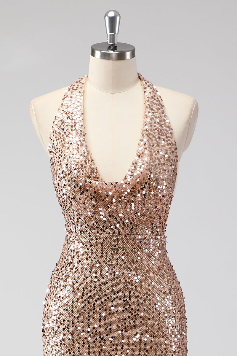 Load image into Gallery viewer, Glitter Champagne Mermaid Halter Open Back Long Prom Dress with Sequins