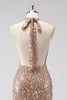 Load image into Gallery viewer, Glitter Champagne Mermaid Halter Open Back Long Prom Dress with Sequins