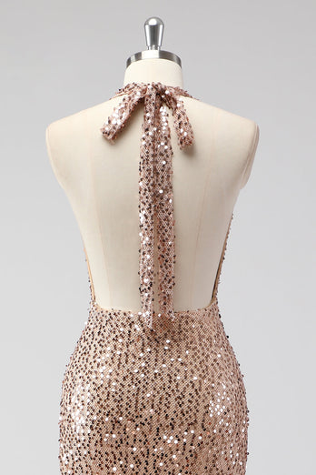 Glitter Champagne Mermaid Halter Open Back Long Prom Dress with Sequins