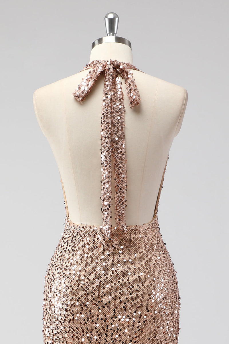 Load image into Gallery viewer, Glitter Champagne Mermaid Halter Open Back Long Prom Dress with Sequins