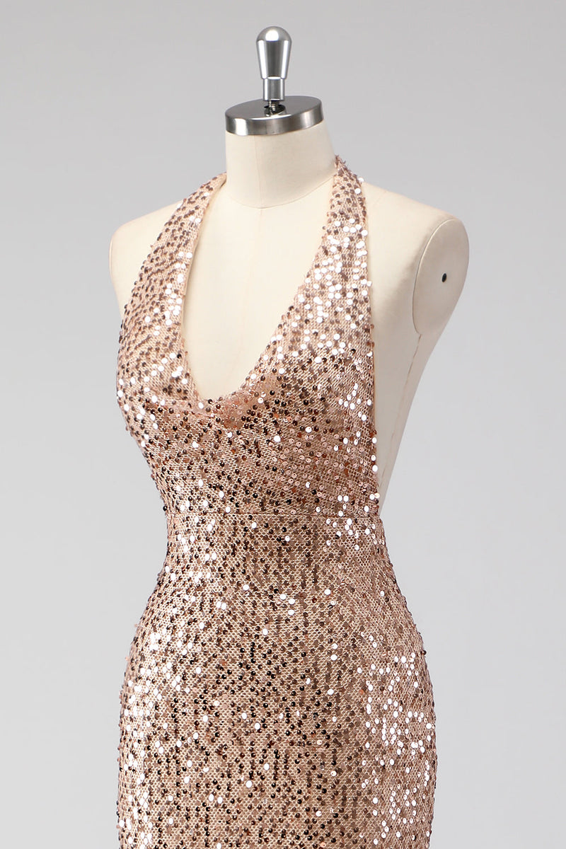 Load image into Gallery viewer, Glitter Champagne Mermaid Halter Open Back Long Prom Dress with Sequins