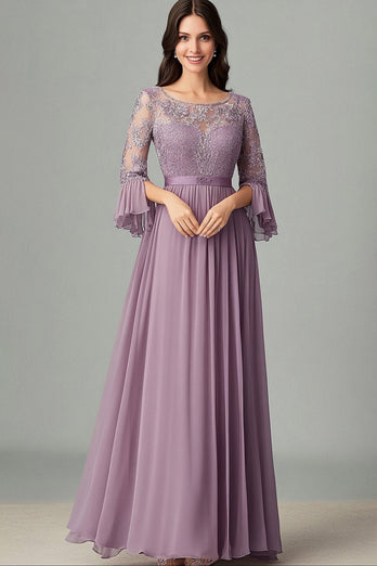 Taro Purple Lace Chiffon Mother Of the Bride Dress with 3/4 Sleeves