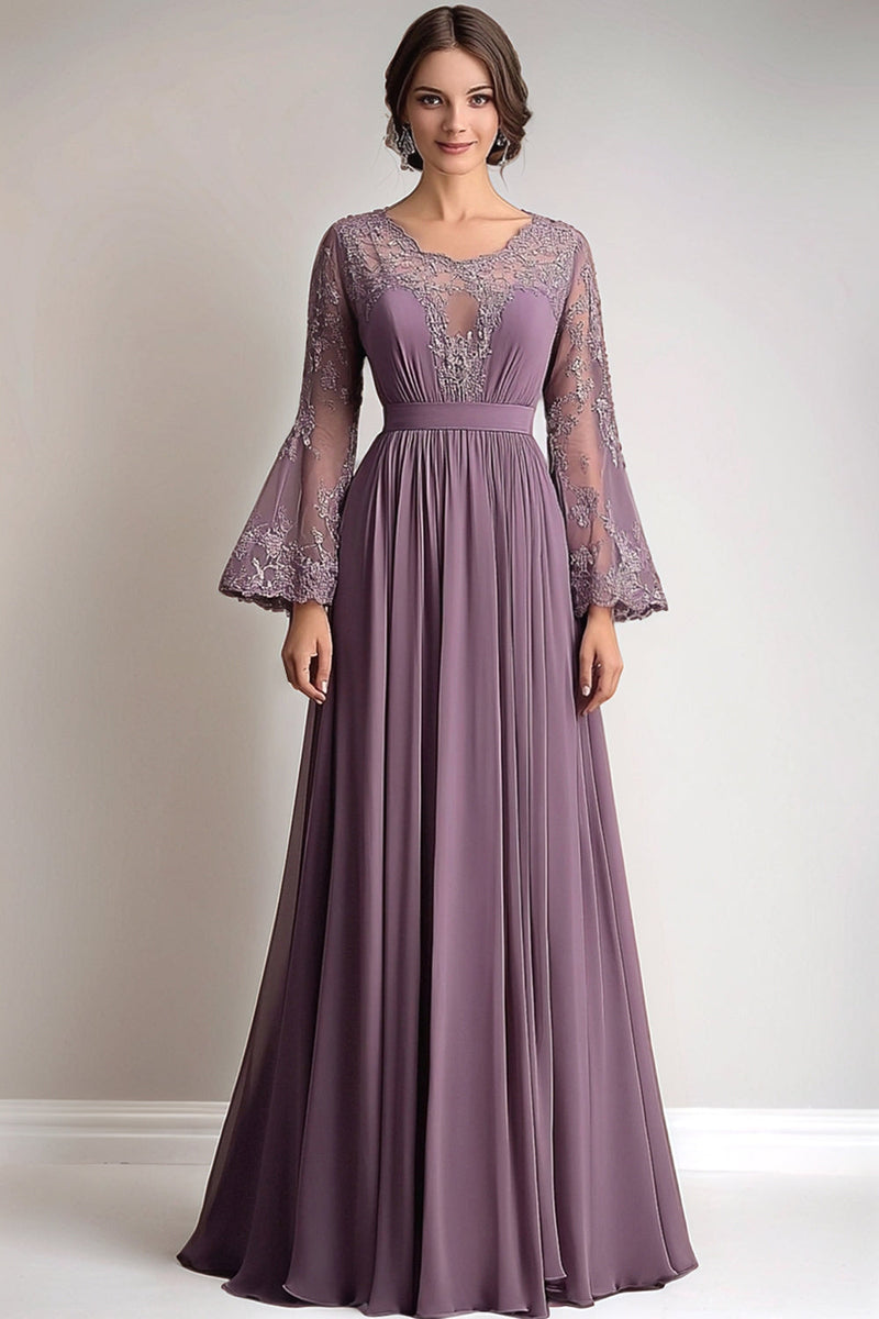 Load image into Gallery viewer, Lace Chiffon Taro Purple Mother Of Bride Dress with Long Sleeves