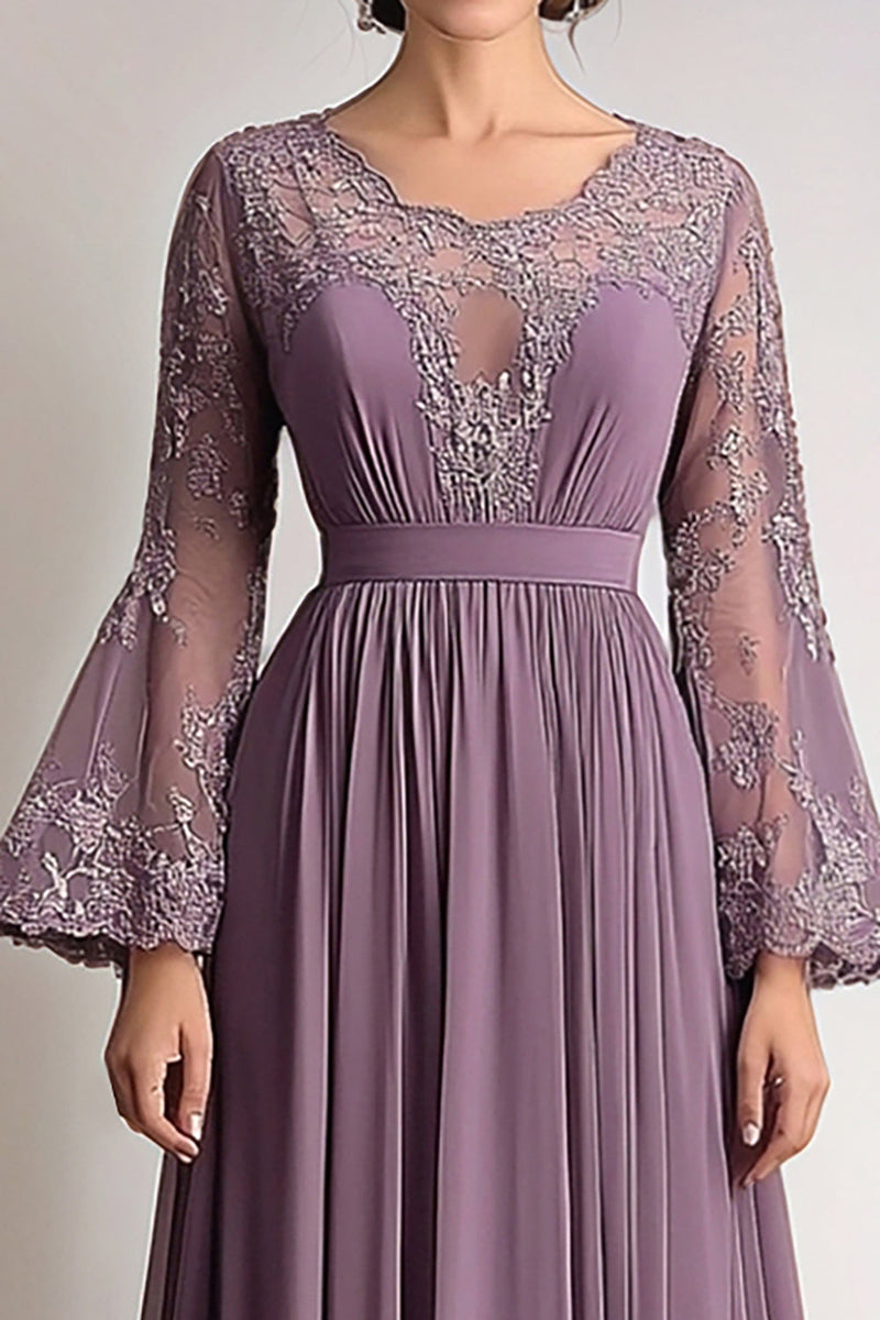 Load image into Gallery viewer, Lace Chiffon Taro Purple Mother Of Bride Dress with Long Sleeves