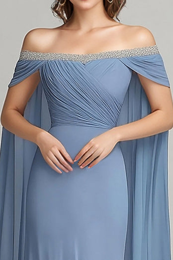 Grey Blue Chiffon Off the Shoulder Side Cape Mother of the Bride Dress