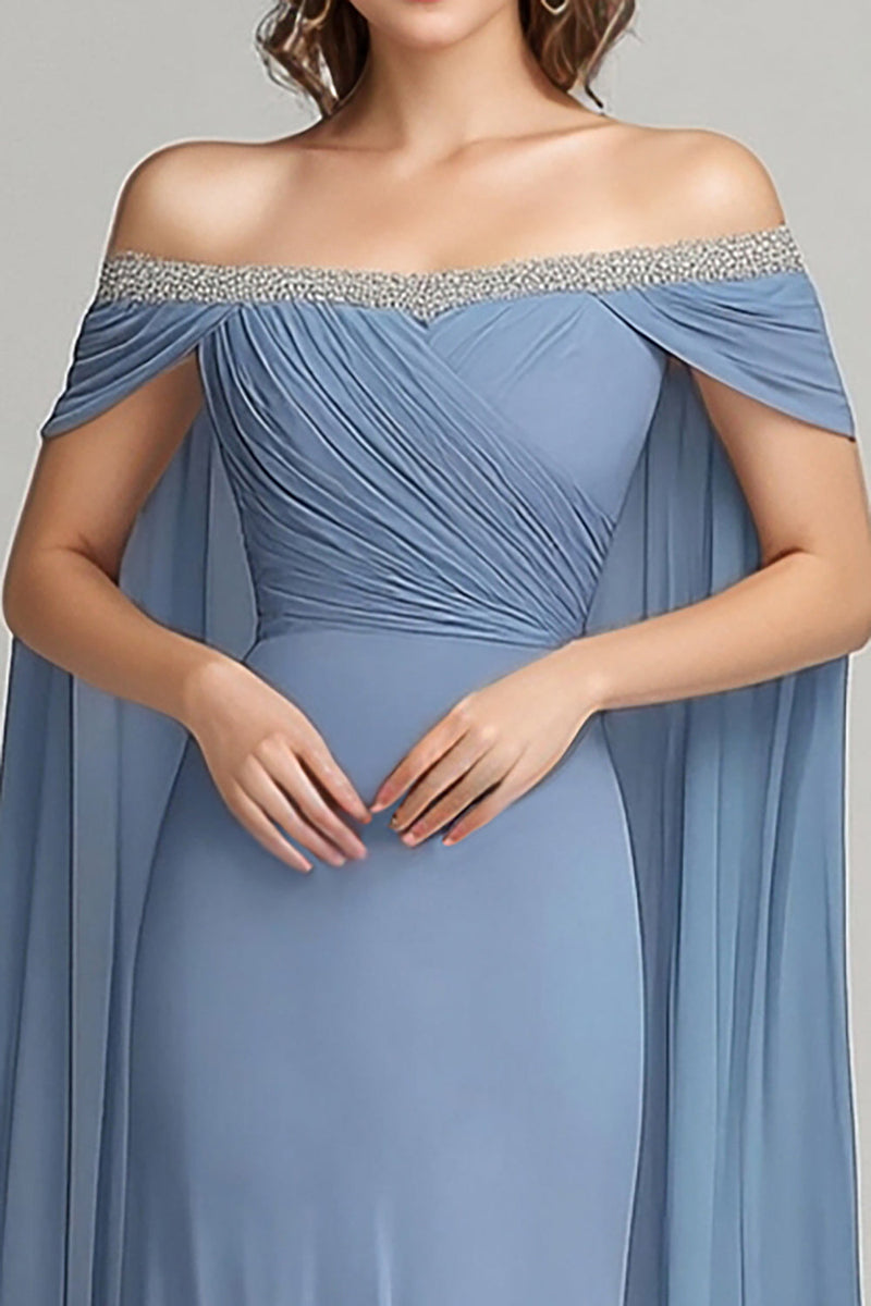 Load image into Gallery viewer, Grey Blue Chiffon Off the Shoulder Side Cape Mother of the Bride Dress