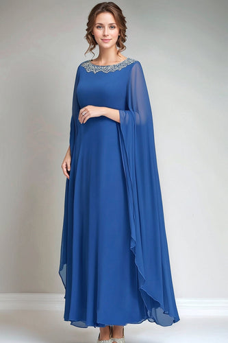 Blue Round Neck Chiffon A-Line Long Mother of the Bride Dress