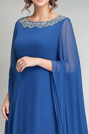 Blue Round Neck Chiffon A-Line Long Mother of the Bride Dress