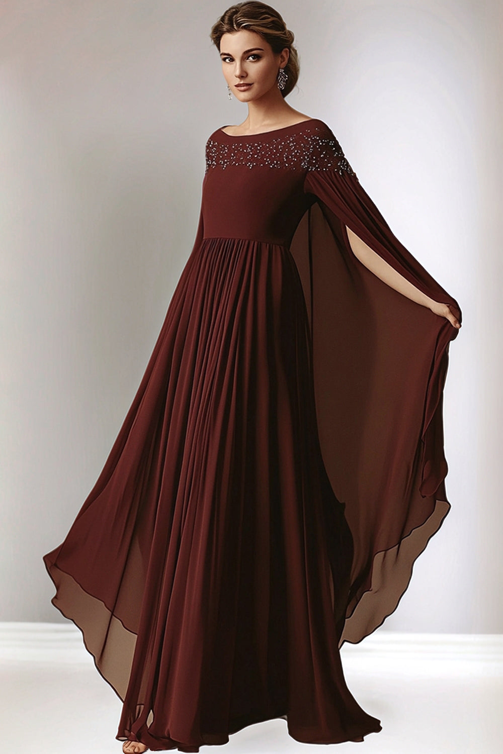 Burgundy A-Line Chiffon Round Neck Long Mother of the Bride Dress with Wrap