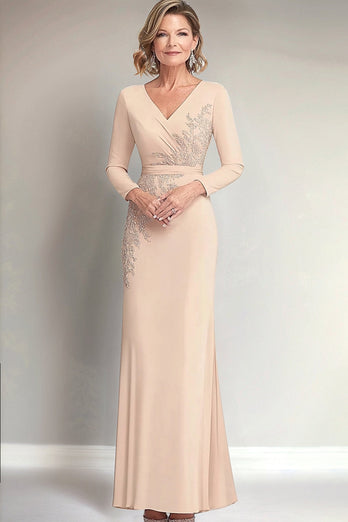 Beige Sheath V-neck Long Sleeves Mother of the Bride Dress with Appliques