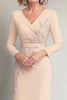 Load image into Gallery viewer, Beige Sheath V-neck Long Sleeves Mother of the Bride Dress with Appliques