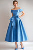 Load image into Gallery viewer, Blue Off the Shoulder A-Line Satin Tea Length Mother Of The Bride Dress with Bow