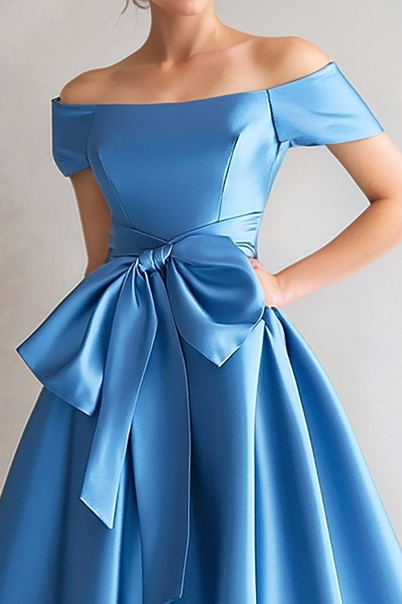 Load image into Gallery viewer, Blue Off the Shoulder A-Line Satin Tea Length Mother Of The Bride Dress with Bow