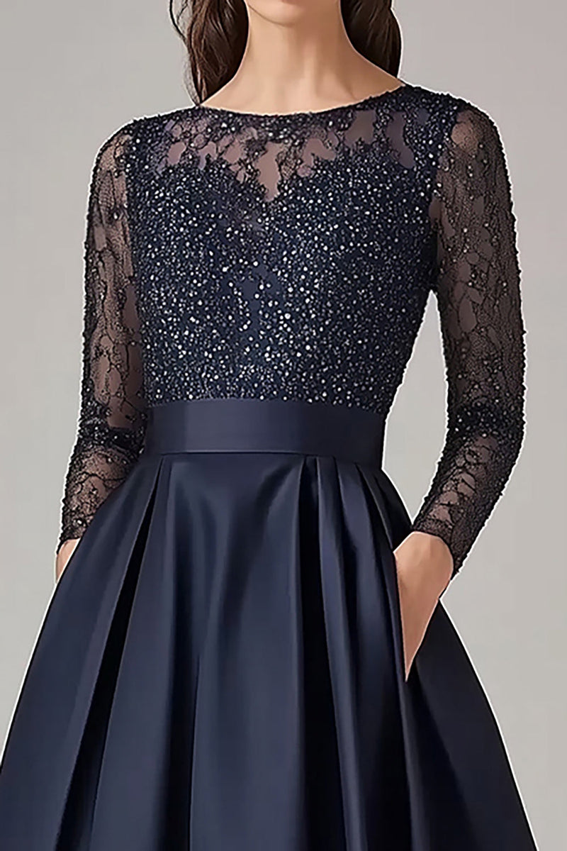 Load image into Gallery viewer, Sparkly Navy Beaded A Line Long Sleeves Mother Of the Bride Dress with Lace