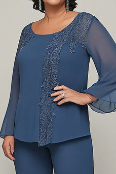 Appliques Dark Blue Long Sleeves Mother of the Bride Outfits