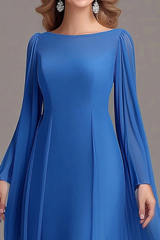 Blue Long Sleeves A Line Boat Neck Mother Of the Bride Dress