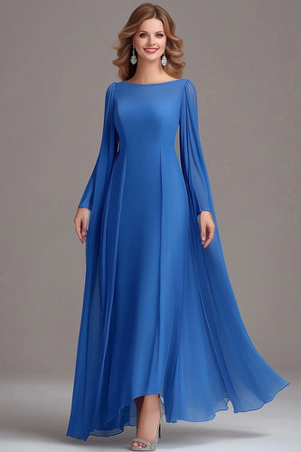 Blue Long Sleeves A Line Boat Neck Mother Of the Bride Dress