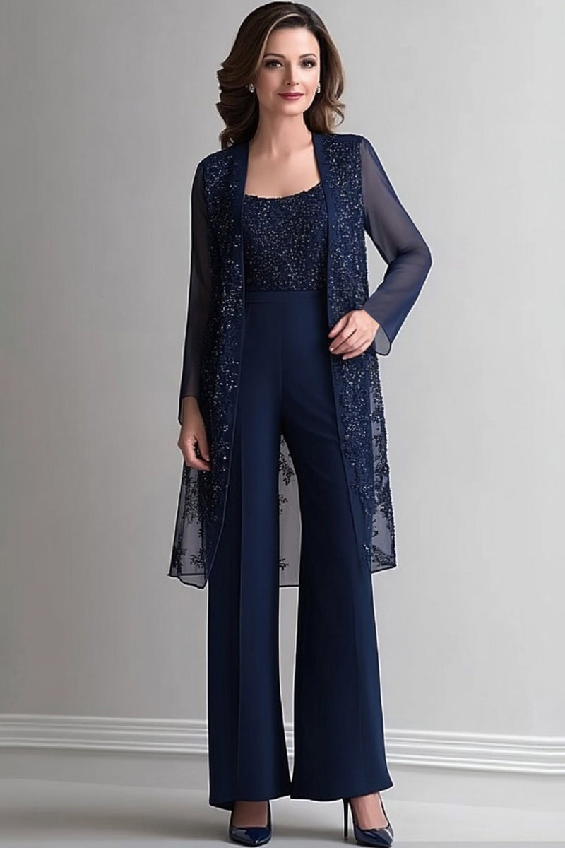 Load image into Gallery viewer, Navy Two Piece Jumpsuit Sequins Lace Chiffon Mother of the Bride Dress