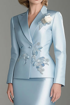 Blue Satin V-Neck Long Sleeves 2 pieces Mother Of The Bride Dress