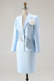 Blue 2-Piece Satin Mother of the Bride Dress With Embroidery