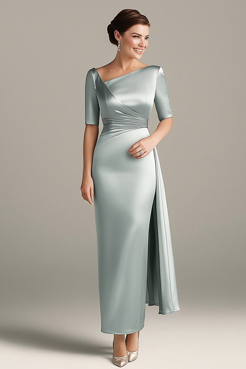 Load image into Gallery viewer, Silver Grey Sheath Satin Half Sleeves Mother Of The Bride Dress