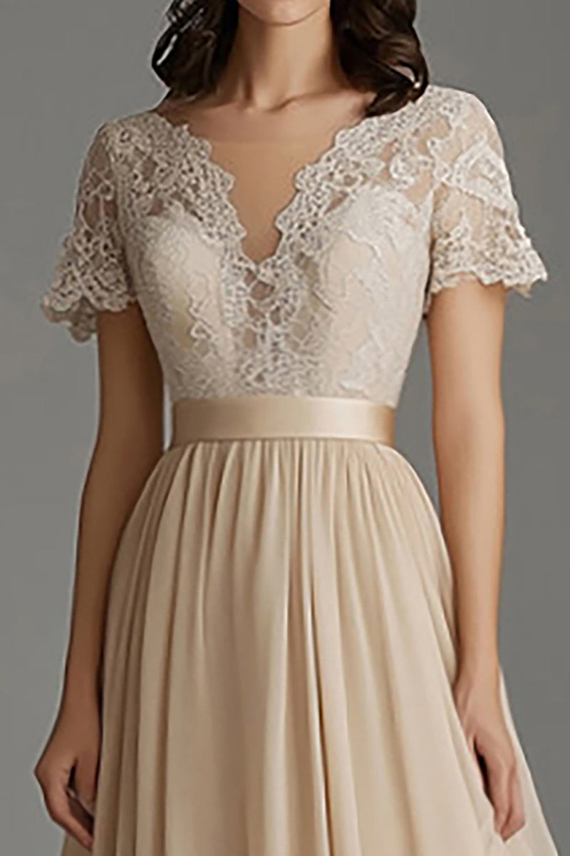 Load image into Gallery viewer, A Line Champagne Tulle V Neck Pleated Mother Of The Bride Dress