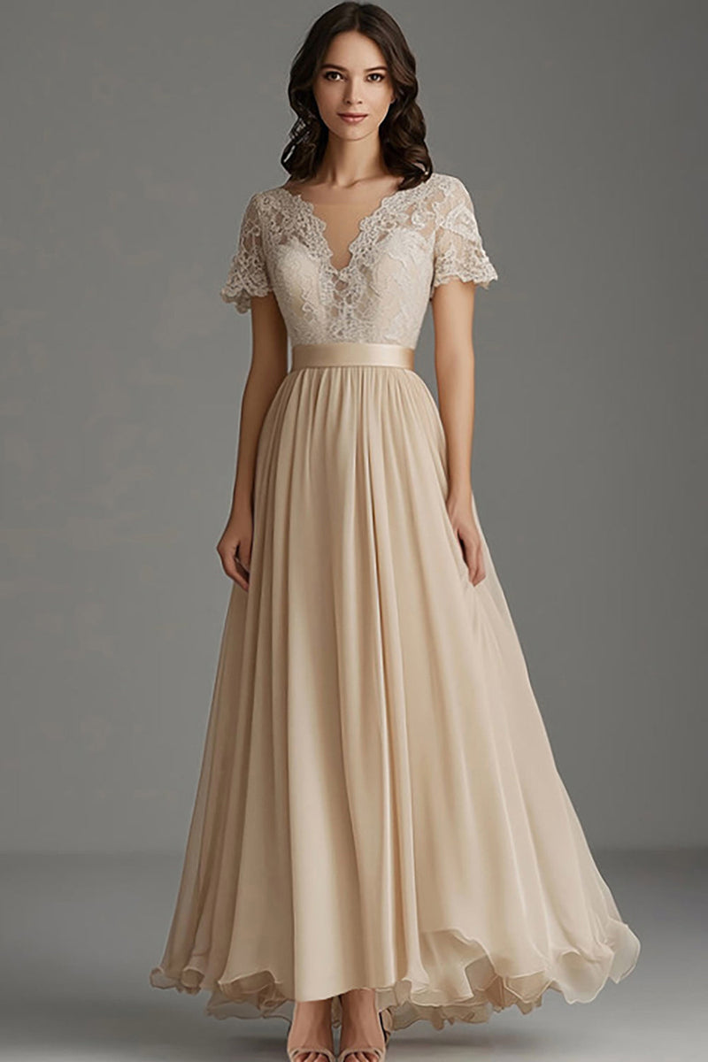 Load image into Gallery viewer, A Line Champagne Tulle V Neck Pleated Mother Of The Bride Dress