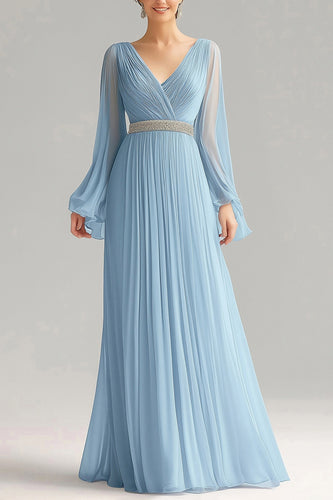 Sky Blue A Line Chiffon V-Neck Long Sleeves Formal Dress