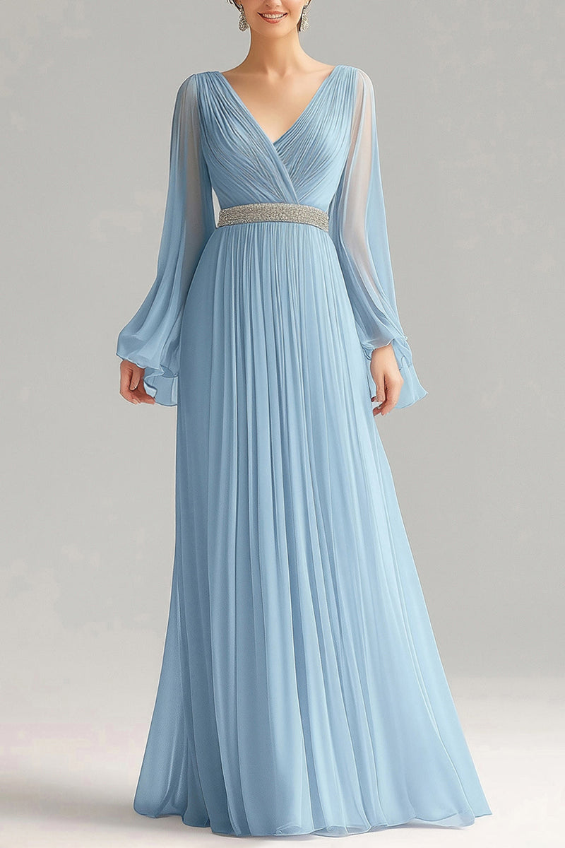 Load image into Gallery viewer, Sky Blue A Line Chiffon V-Neck Long Sleeves Formal Dress