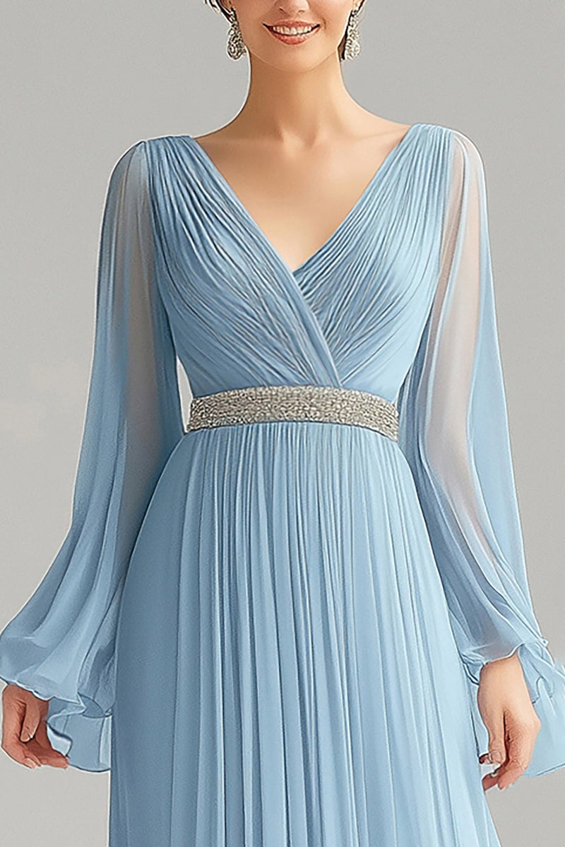 Load image into Gallery viewer, Sky Blue A Line Chiffon V-Neck Long Sleeves Formal Dress