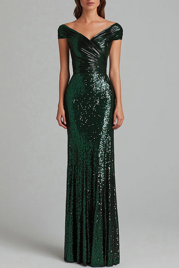 Dark Green V-Neck Mermaid Sequins Ruffles Formal Dress