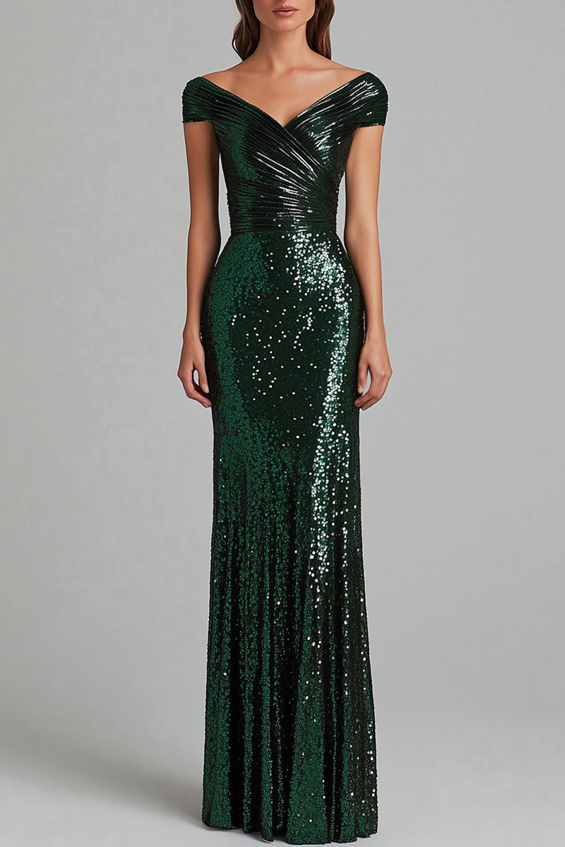 Load image into Gallery viewer, Dark Green V-Neck Mermaid Sequins Ruffles Formal Dress