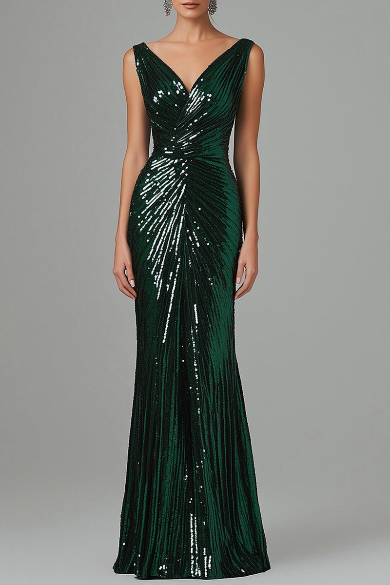 Load image into Gallery viewer, Dark Green Mermaid V-Neck Sequins Pleated Formal Dress