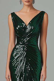 Dark Green Mermaid V-Neck Sequins Pleated Formal Dress