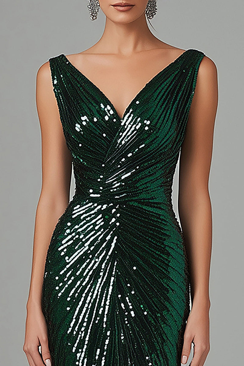 Load image into Gallery viewer, Dark Green Mermaid V-Neck Sequins Pleated Formal Dress